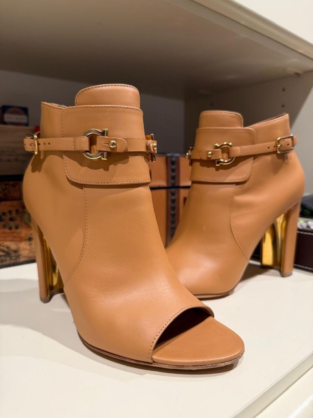 Salvatore Ferragamo Tan Mulan Leather Ankle Boots with Gold Heel
